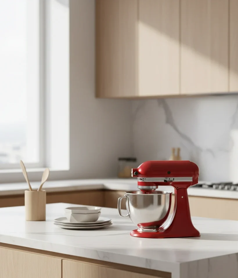 Modern kitchen lifestyle scene with AI-enhanced product photos of stainless steel kitchenware seamlessly integrated into the background.