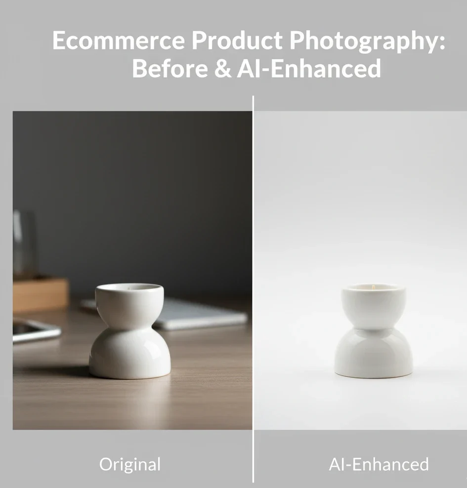 Split-screen product photo comparison showing a blurry, poorly-lit 'Before' image next to a sharp, professionally-lit 'After' image enhanced by AI
