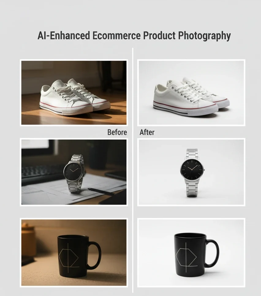 Collage of e-commerce products—shoes, watches, and mugs—showing a clear before-and-after of AI photo enhancement for background removal and color accuracy