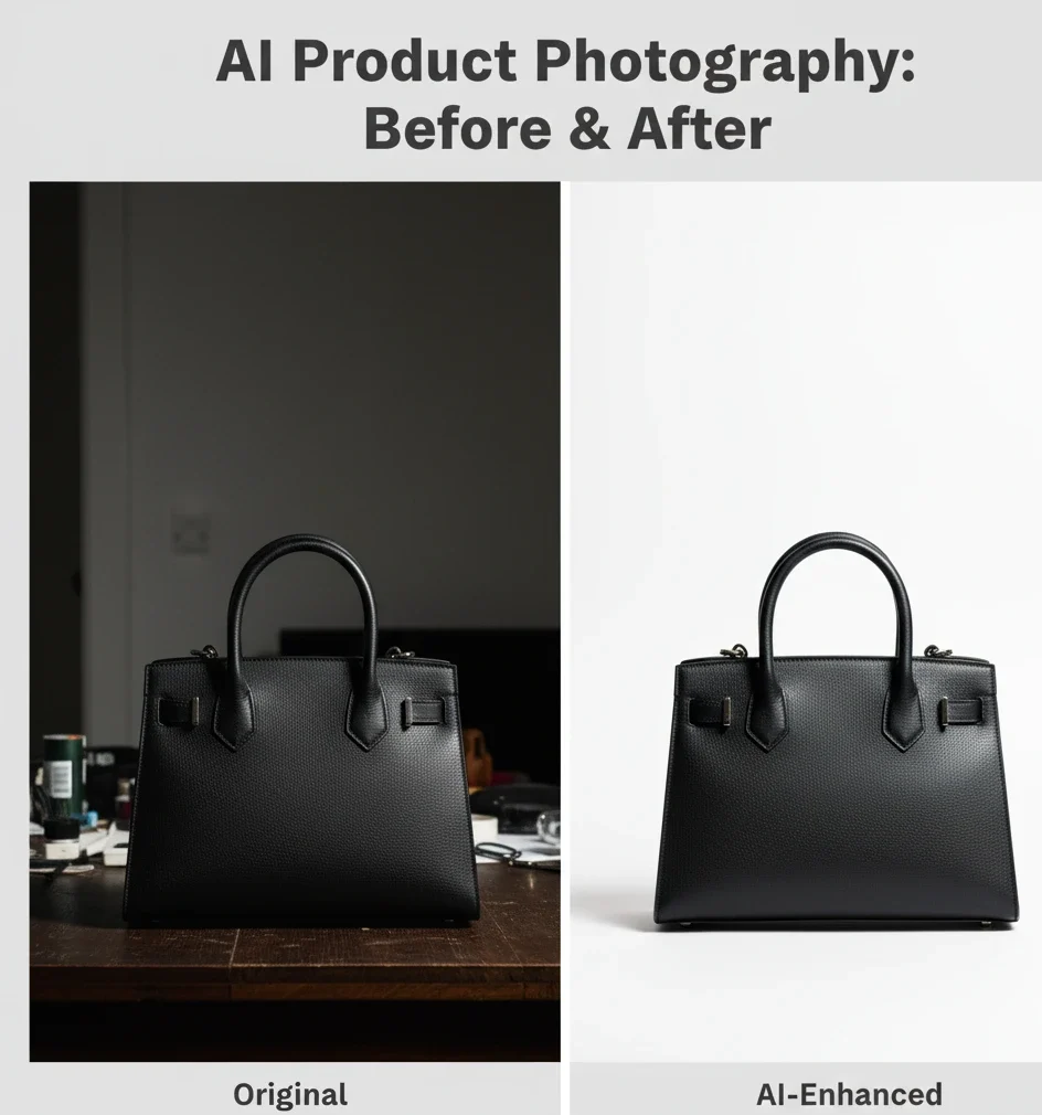 Side-by-side view of a luxury handbag, contrasting the raw photo on the left with the AI-enhanced, white-background, well-lit version on the right.