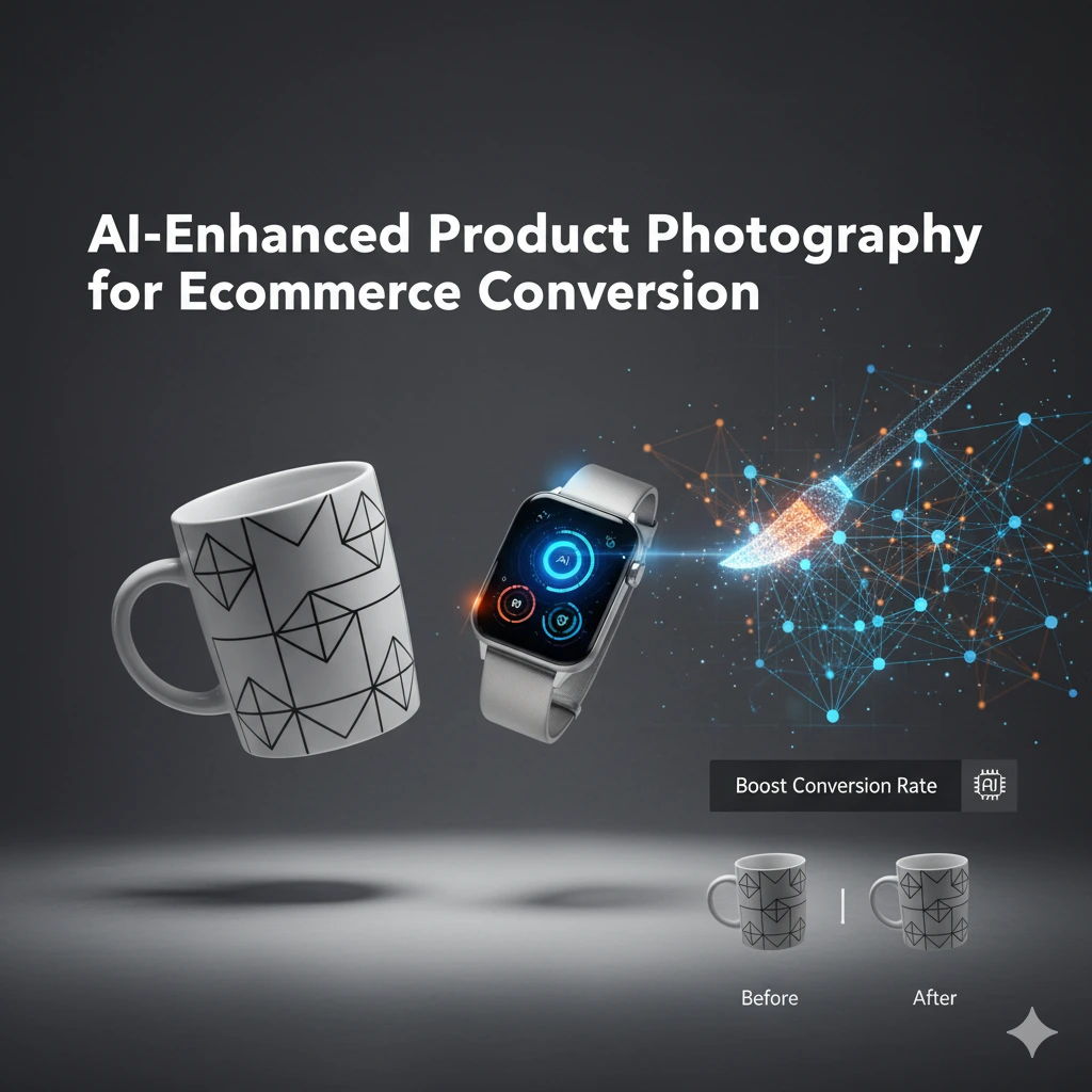 AI-enhanced product photography software interface with crisp, high-quality images ready for e-commerce conversion