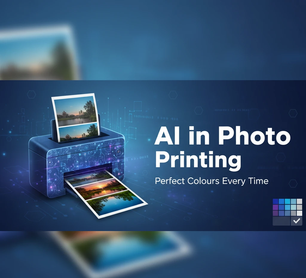 A futuristic, blue-lit photo printer is shown amidst a digital circuit background. The printer is generating a strip of photos, showing a clear, vibrantly colored landscape. The text "AI in Photo Printing: Perfect Colours Every Time" is overlaid on the image, next to a small color palette with a checkmark, symbolizing accurate color correction
