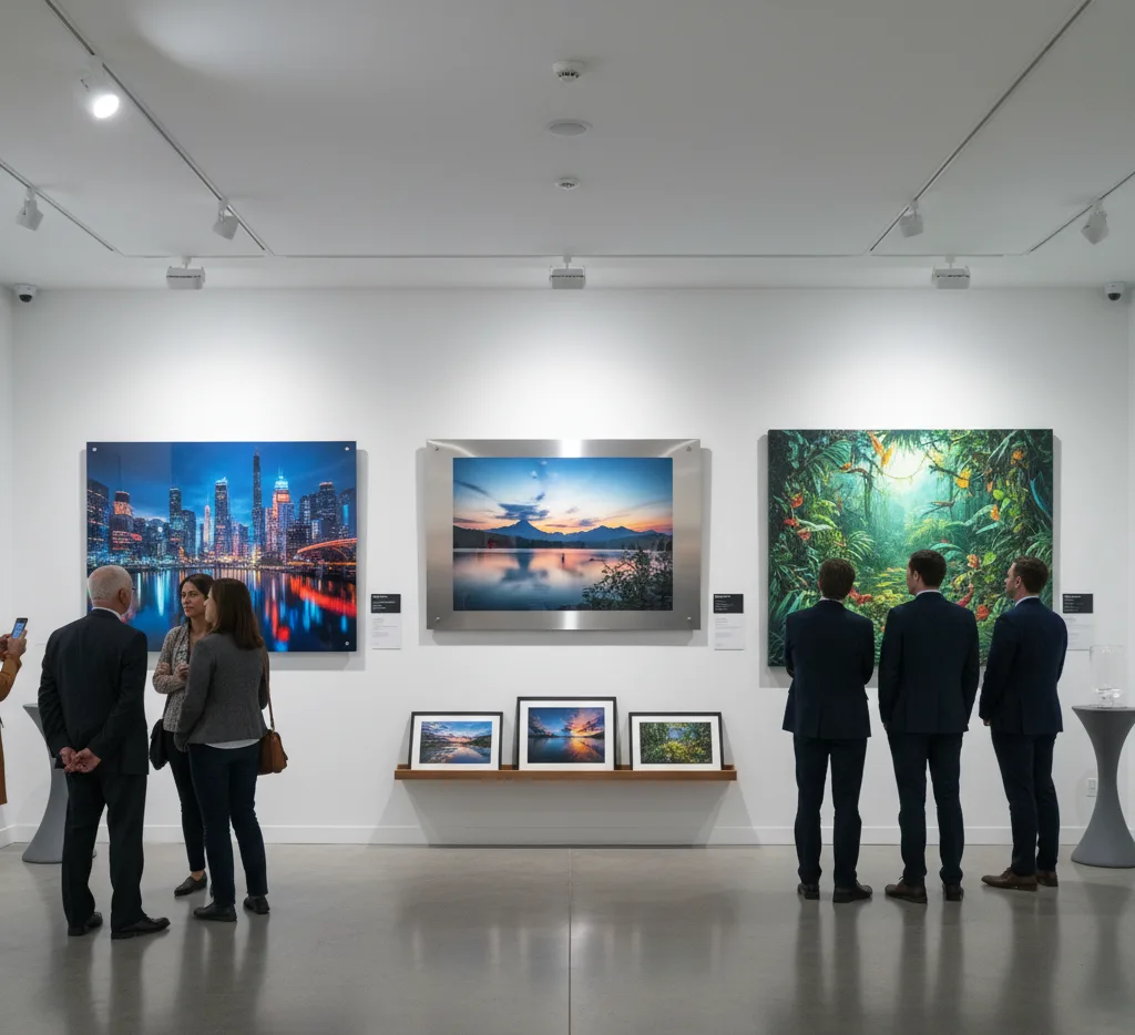 A modern art gallery space displays three large, vibrantly colored AI-enhanced landscape prints on a white wall, each on a different medium. From left to right: a cityscape at night on acrylic, a serene sunset over water on metal, and a lush rainforest scene on canvas. Below these are three smaller framed prints on a wooden shelf. Several people, dressed in business casual attire, are viewing the artwork and conversing, emphasizing the professional presentation and high quality of the AI-enhanced prints