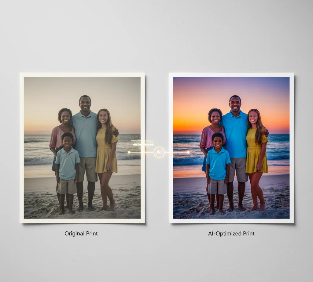 A side-by-side comparison of two high-quality prints of a family photo on a beach at sunset. The print on the left is labeled "Original Print" and shows muted, less vibrant colors. The print on the right is labeled "AI-Optimized Print" and features significantly more vibrant colors, richer contrast, and enhanced detail, demonstrating the improvement made possible by AI. A subtle "AI" graphic connects the two images.