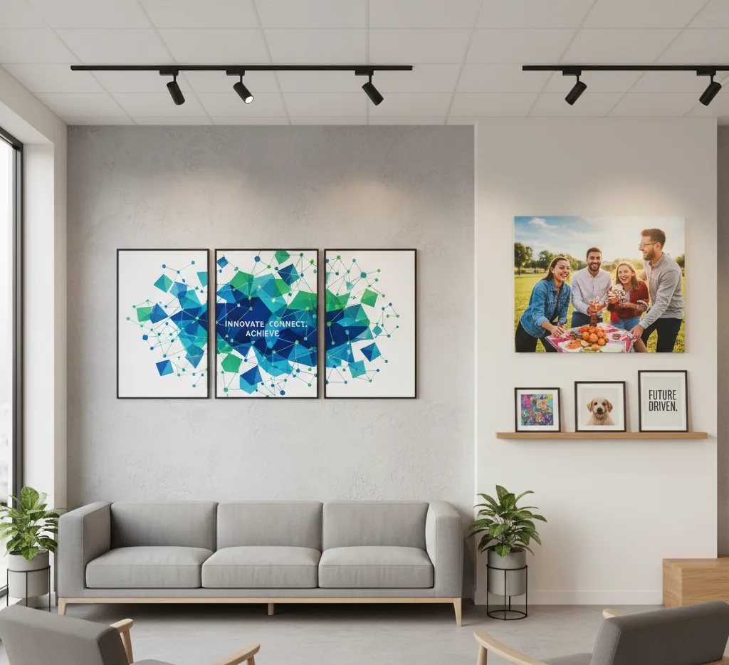 A modern, minimalist office reception or lounge area features AI-optimized corporate prints and personalized wall art. Above a grey sofa are three framed prints forming a triptych, displaying an abstract corporate graphic with interconnected blue and green geometric shapes and the motto "INNOVATE. CONNECT. ACHIEVE." To the right, above a wooden shelf, a large canvas print shows a joyful group of colleagues having an outdoor picnic. Below this, on the shelf, are smaller framed personalized prints, including a pet portrait and a motivational phrase, demonstrating the versatility of AI in enhancing both professional and personal visuals.