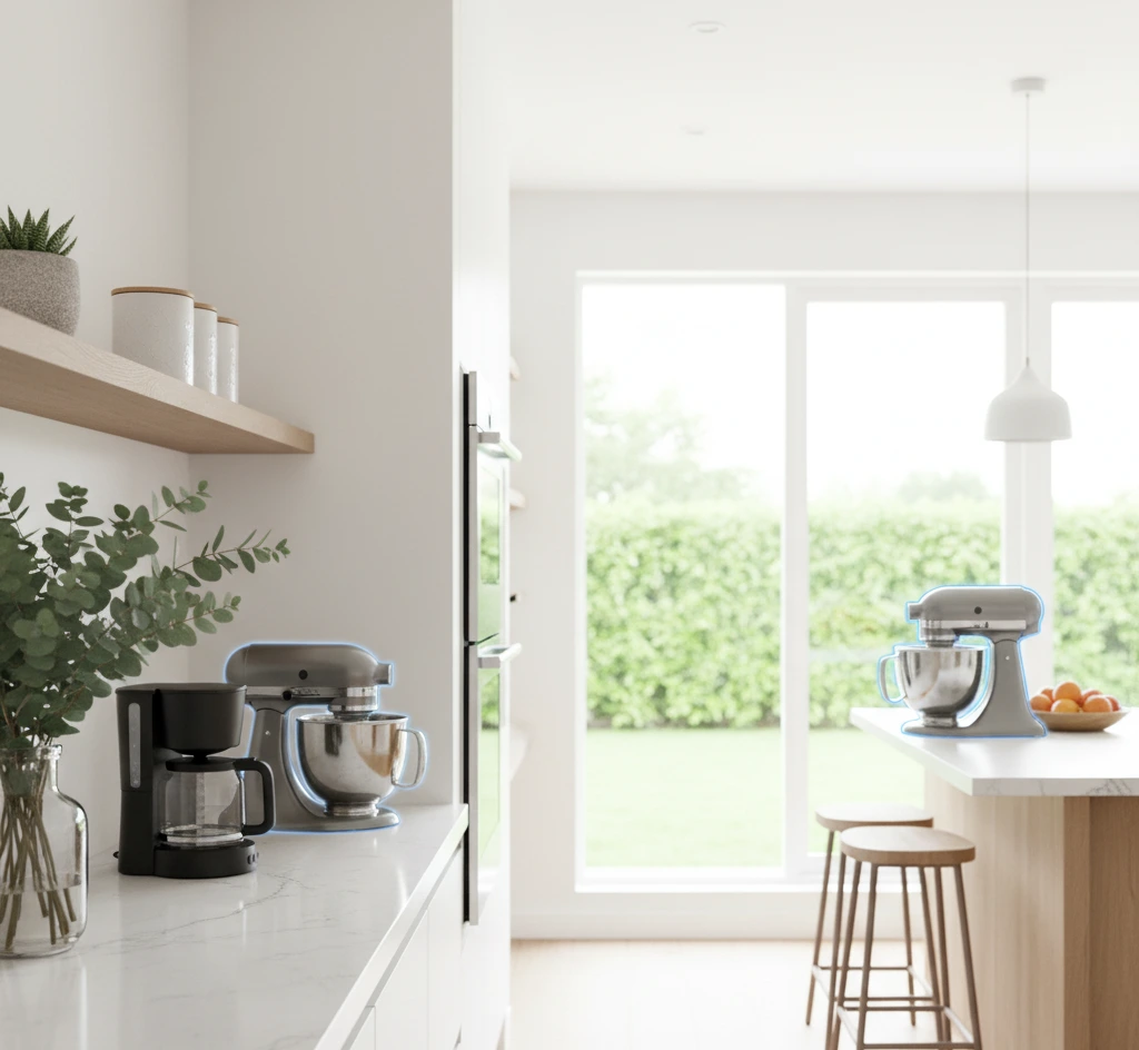 A bright, modern kitchen with white cabinetry, light wood shelves, and large windows overlooking a green yard. A coffee maker and stand mixers are positioned on the marble countertops
