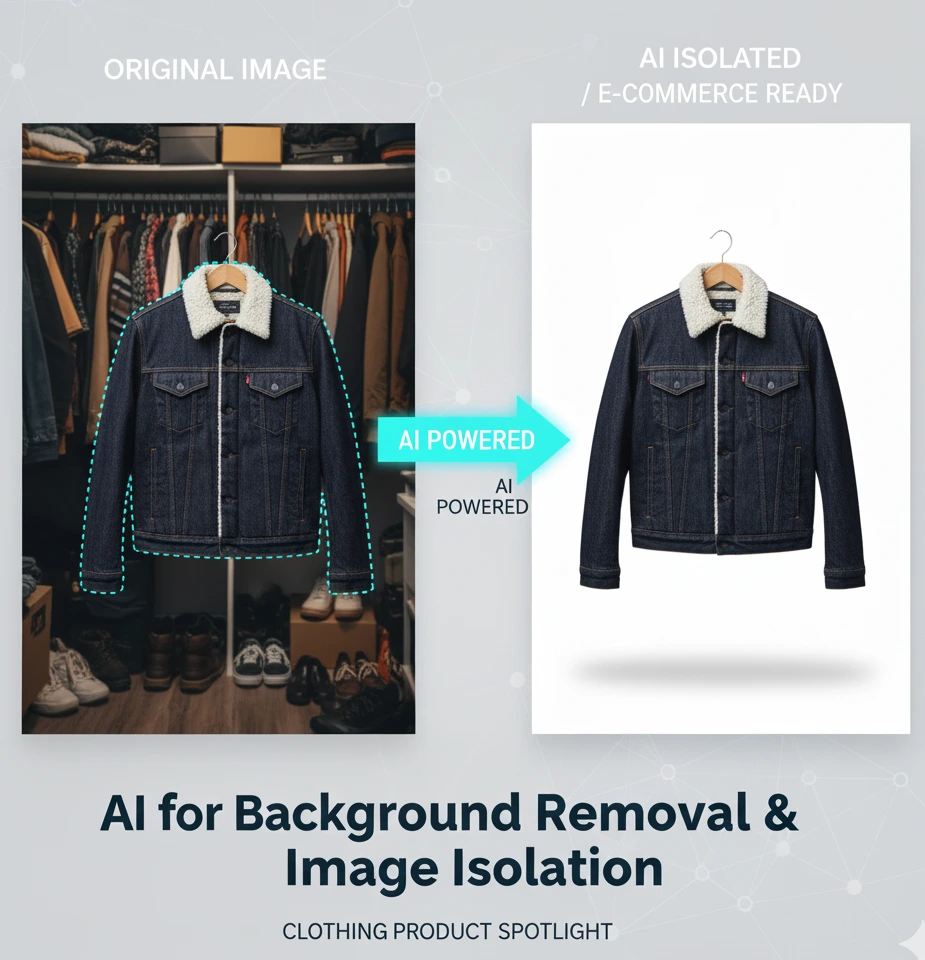 A split image showing a clothing product before and after AI background removal. On the left, a denim jacket with a white sherpa collar hangs in a cluttered closet, with shoes and other garments visible. A dotted line highlights the jacket. On the right, the same denim jacket is perfectly isolated on a clean white background, appearing e-commerce ready.