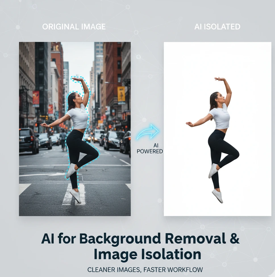 Split image showing AI background removal: a person dancing on a busy city street, transformed into a clean, white background for image isolation.
