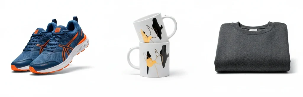  A collage of three e-commerce product photos, all perfectly isolated on a clean white background. From left to right: a pair of blue and orange athletic shoes, two stacked white mugs with abstract black and orange designs, and a folded dark gray sweatshirt. Each item is crisp and ready for use on product pages