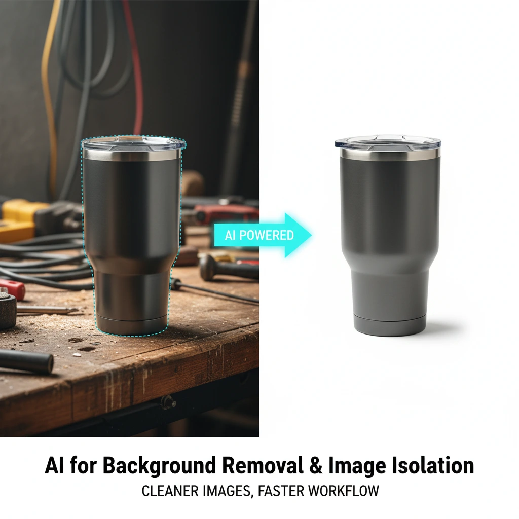 A split image showing a product photo. On the left, a dark gray insulated tumbler sits on a cluttered workbench with tools. A dotted line highlights the tumbler's outline, indicating selection. On the right, the same tumbler is perfectly isolated against a clean white background, demonstrating AI-powered background removal
