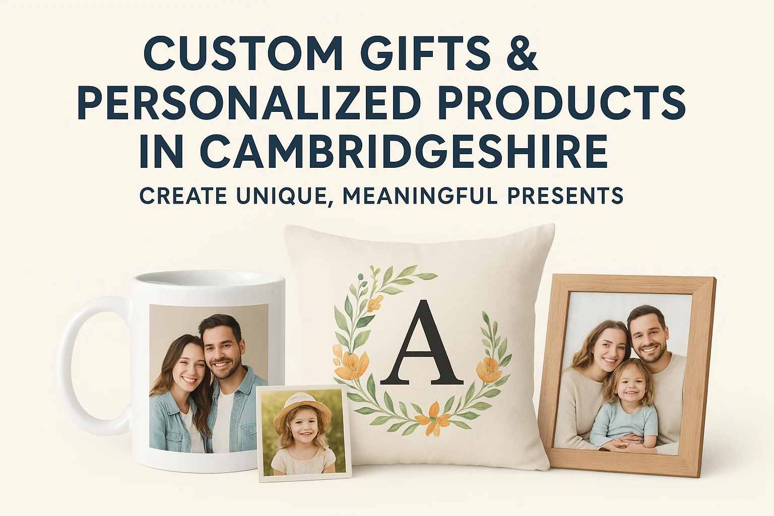 Custom gifts and personalized products in Cambridgeshire including a photo mug, custom cushion, and framed photo — representing meaningful, unique presents by Sunygraphics.