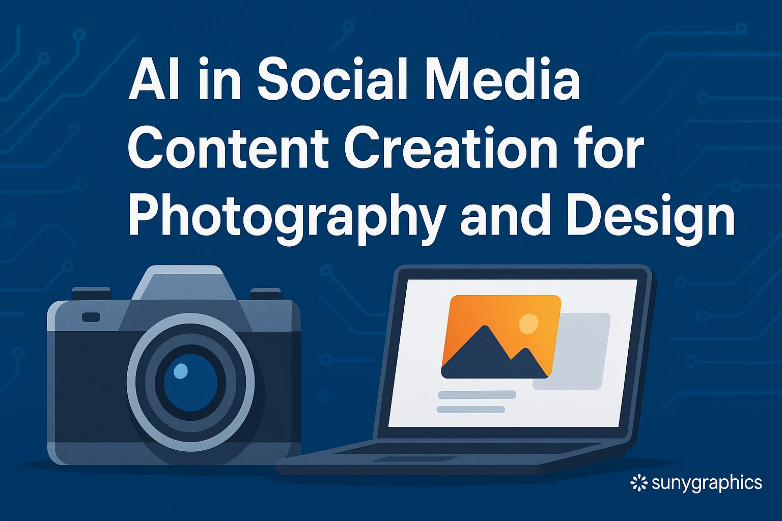 Illustration showing a camera and a laptop symbolizing AI-driven content creation for photography and design, with a digital circuit background and the text “AI in Social Media Content Creation for Photography and Design