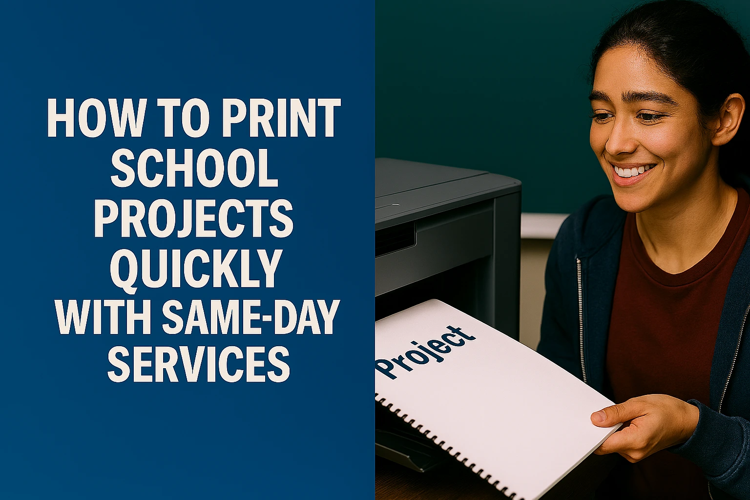 Student retrieving a professionally printed school project from a high-quality printer, showcasing same-day printing services for academic assignments