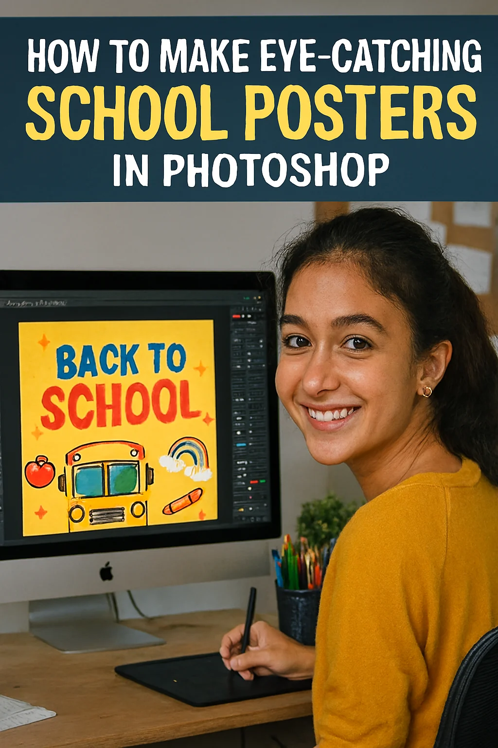 Young woman smiling at her desk while designing a vibrant 'Back to School' poster in Photoshop on an iMac. The poster features bold text, a school bus, rainbow, apple, and stars. Workspace includes a graphics tablet, colorful pens, and a corkboard in the background