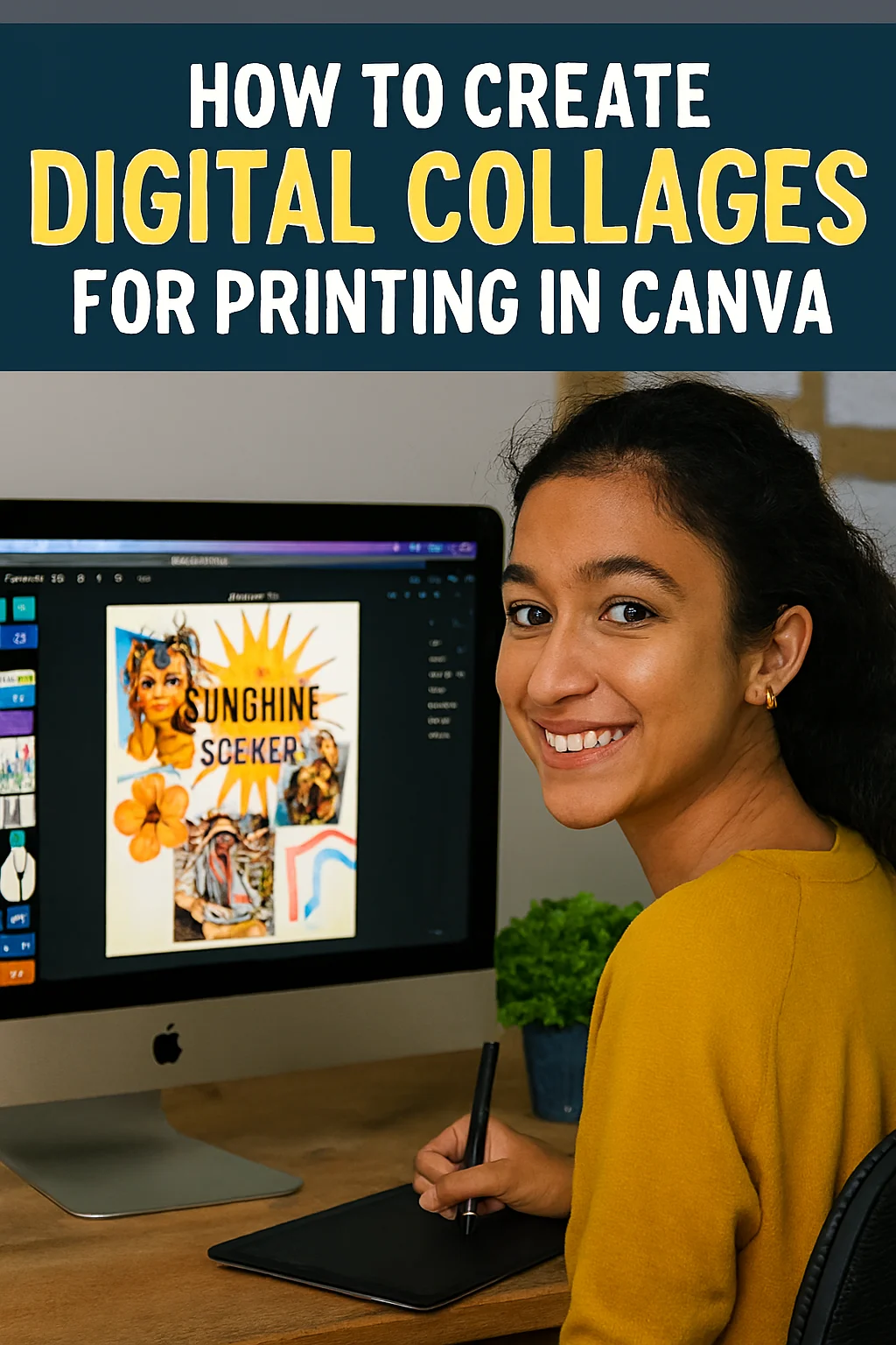Young woman smiling at her desk while designing a vibrant digital collage in Canva on a MacBook Pro. The collage includes layered photos, a sunburst graphic with “Sunshine Seeker” text, and decorative elements like a rainbow, flower, and vintage ticket. A potted plant and corkboard are visible in the background.
