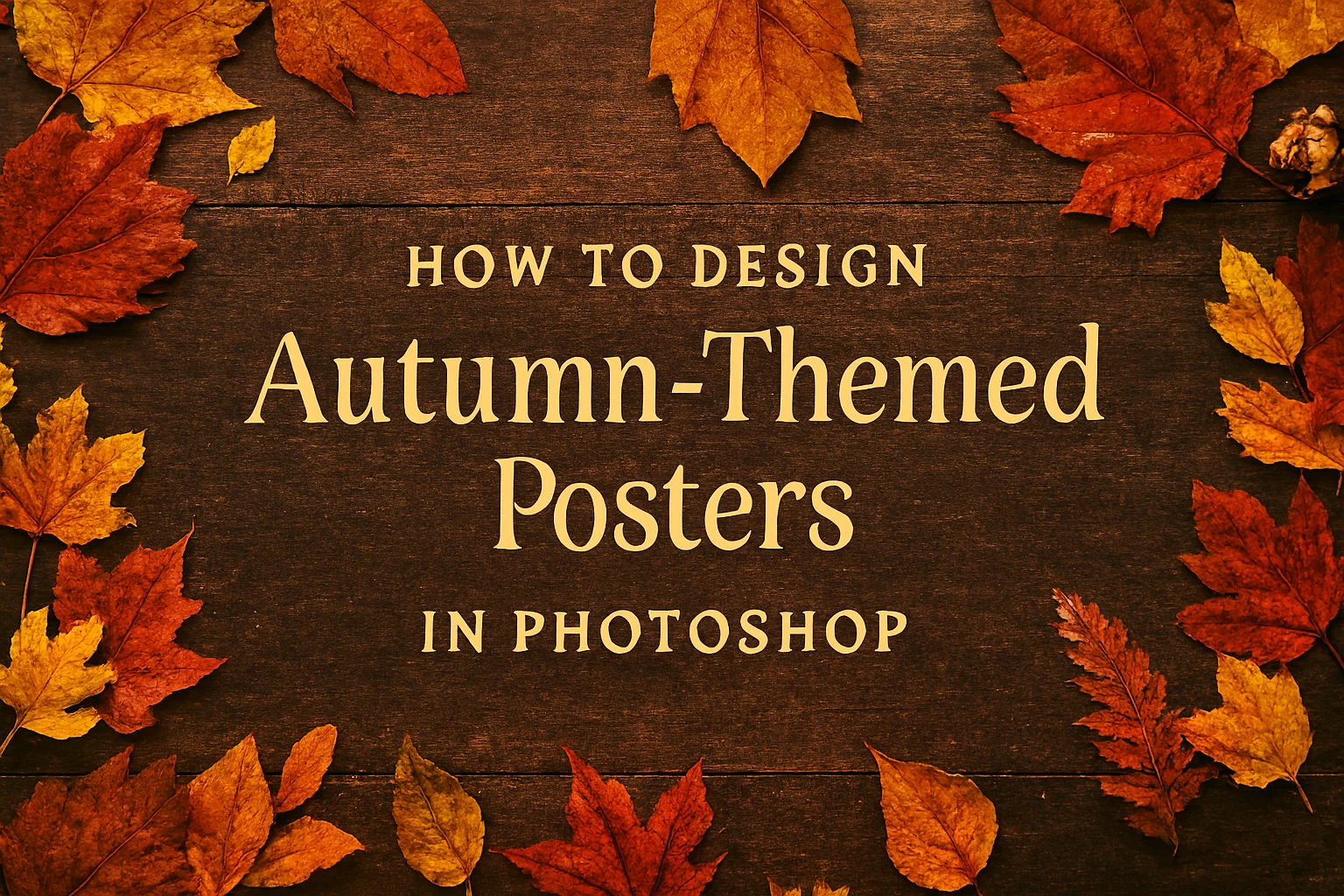 Digital graphic titled “How to Design Autumn-Themed Posters in Photoshop” set against a warm wooden background with scattered autumn leaves in red, orange, and yellow hues. Serif-style golden text is centered, surrounded by seasonal foliage including maple and oak leaves, creating a cozy, creative atmosphere.