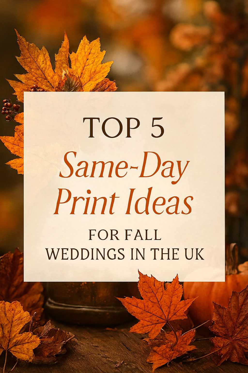 “Autumn-themed blog graphic with warm-toned leaves and a small pumpkin on a rustic wooden surface. Text overlay reads ‘Top 5 Same-Day Print Ideas for Fall Weddings in the UK’ in elegant serif and cursive fonts.