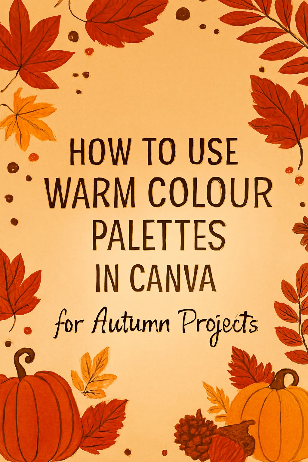 Autumn-themed blog graphic with warm colours and seasonal illustrations. Title reads ‘How to Use Warm Colour Palettes in Canva for Autumn Projects’ surrounded by pumpkins, leaves, acorns, and wheat on a golden-yellow background