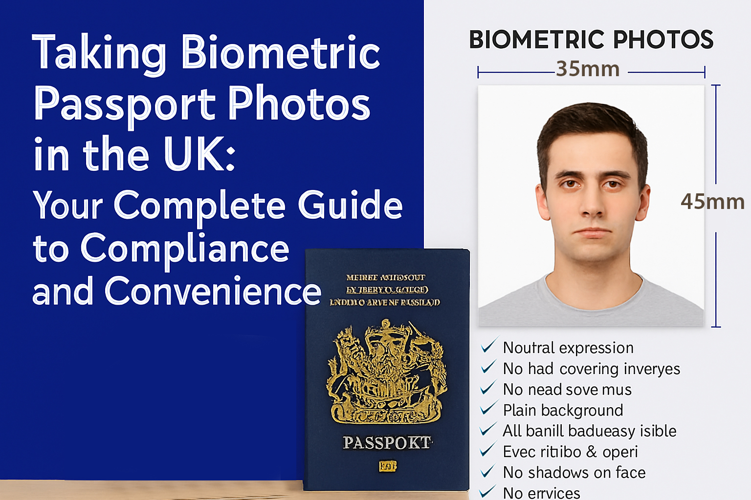 Informational graphic for a UK biometric passport photo guide. Left side features bold white text on a deep blue background reading “Taking Biometric Passport Photos in the UK: Your Complete Guide to Compliance and Convenience.” Right side shows a sample compliant passport photo of a man with a neutral expression, alongside a UK passport and a checklist of biometric requirements including plain background, no shadows, and visible facial features.