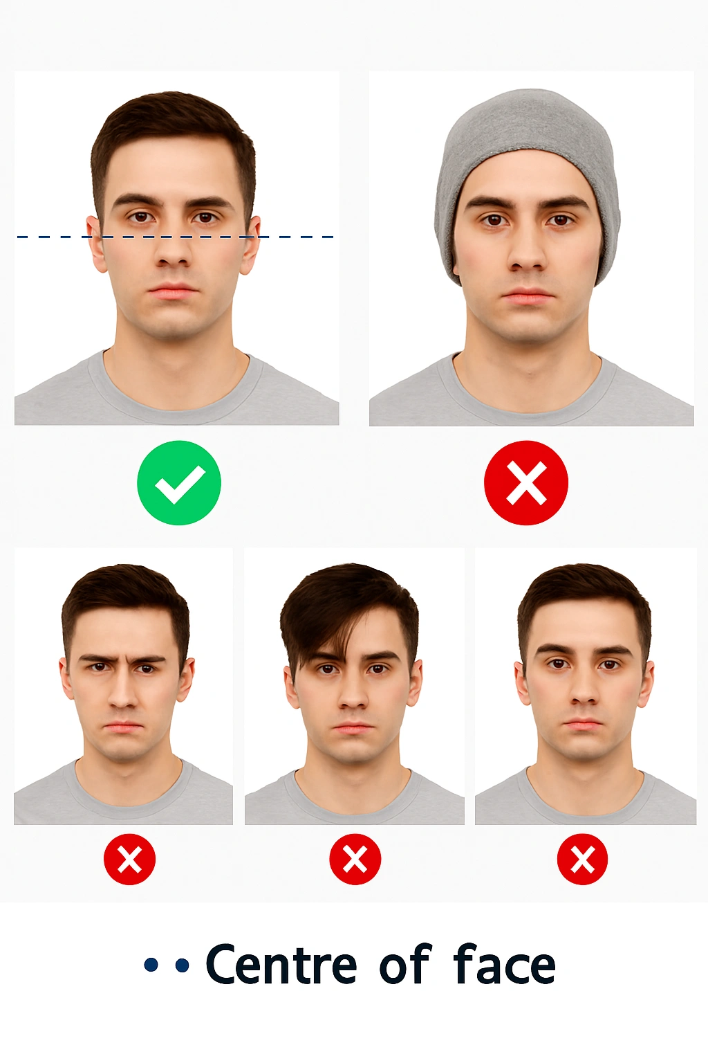 Correct versus incorrect UK passport photo examples