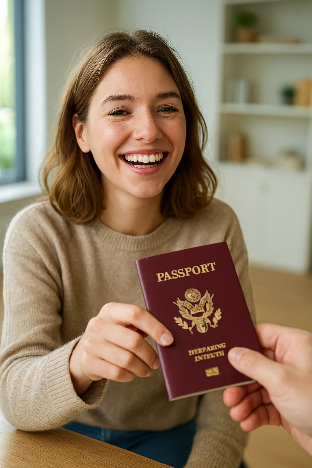 Person receiving passport with joy