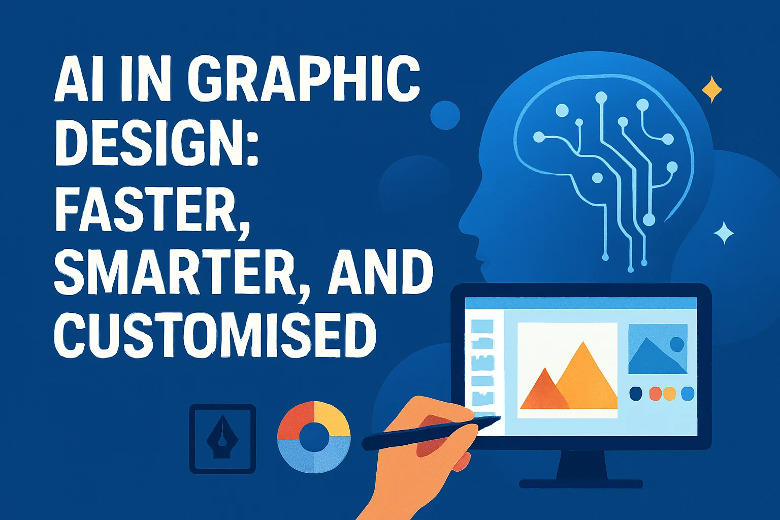 AI-powered graphic design interface with digital tools, stylus, and futuristic workspace