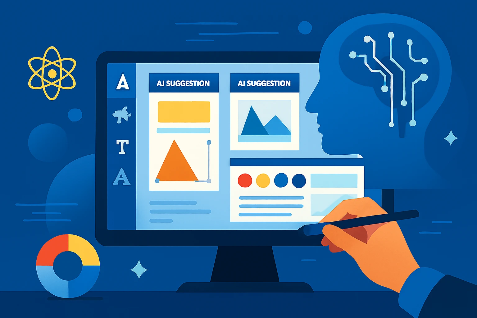 AI-powered graphic design interface displaying automated layout suggestions, colour palettes, and mockup previews on a desktop screen