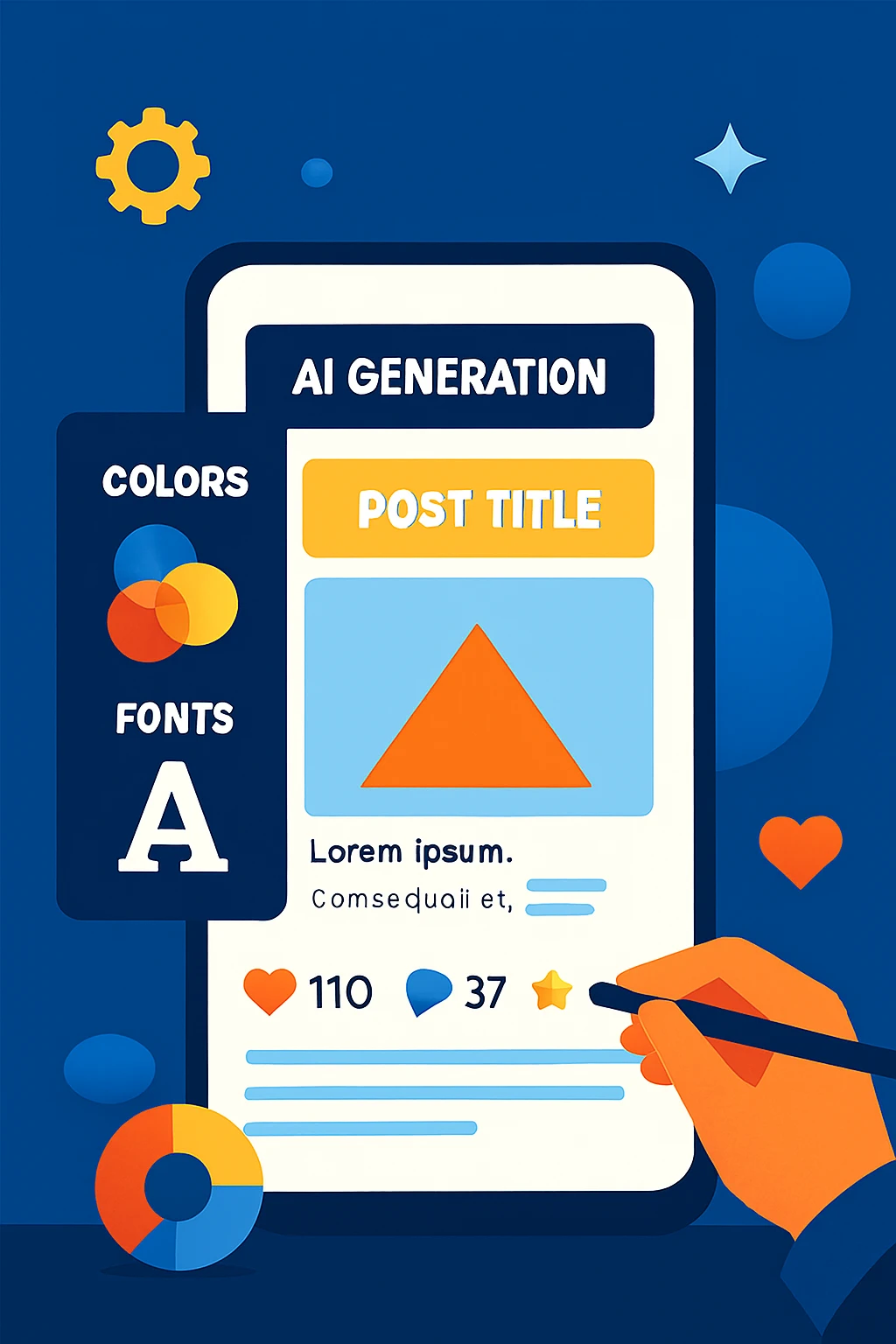 AI-generated social media post interface with suggested colours, fonts, and layout options on a digital screen