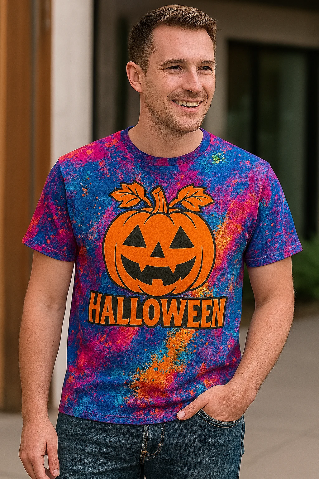 European man wearing a vibrant Halloween-themed DTF t-shirt with a bold orange jack-o'-lantern design and the word "HALLOWEEN" printed below, standing outdoors in a casual lifestyle setting.