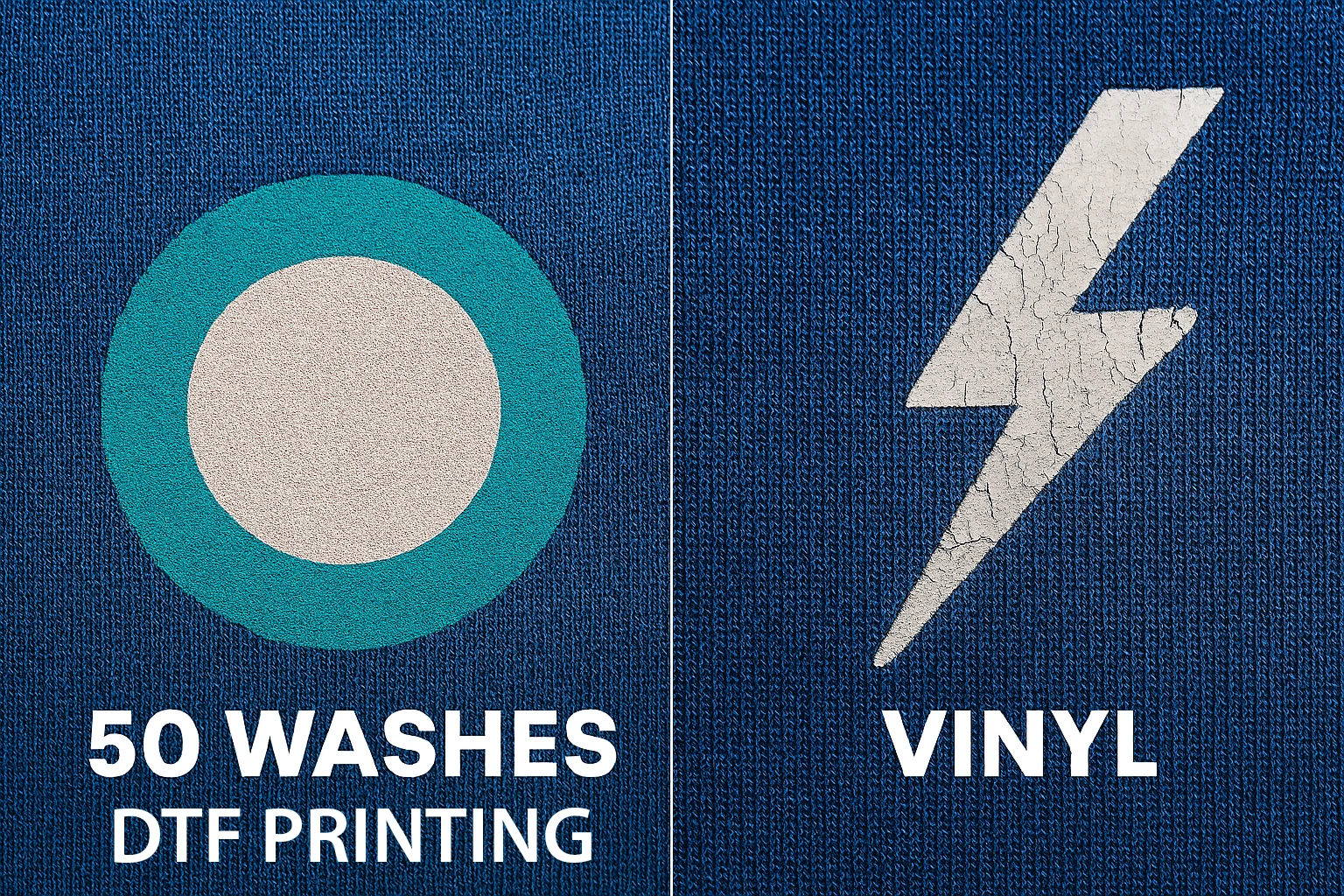 Side-by-side close-up of two blue t-shirts: one with a vibrant DTF print after 50 washes, and the other with a cracked, faded vinyl print showing visible wear.