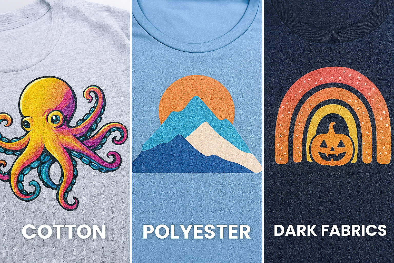 Collage of three t-shirts printed with DTF designs on cotton, polyester, and dark fabric, each showing vibrant artwork and fabric texture.
