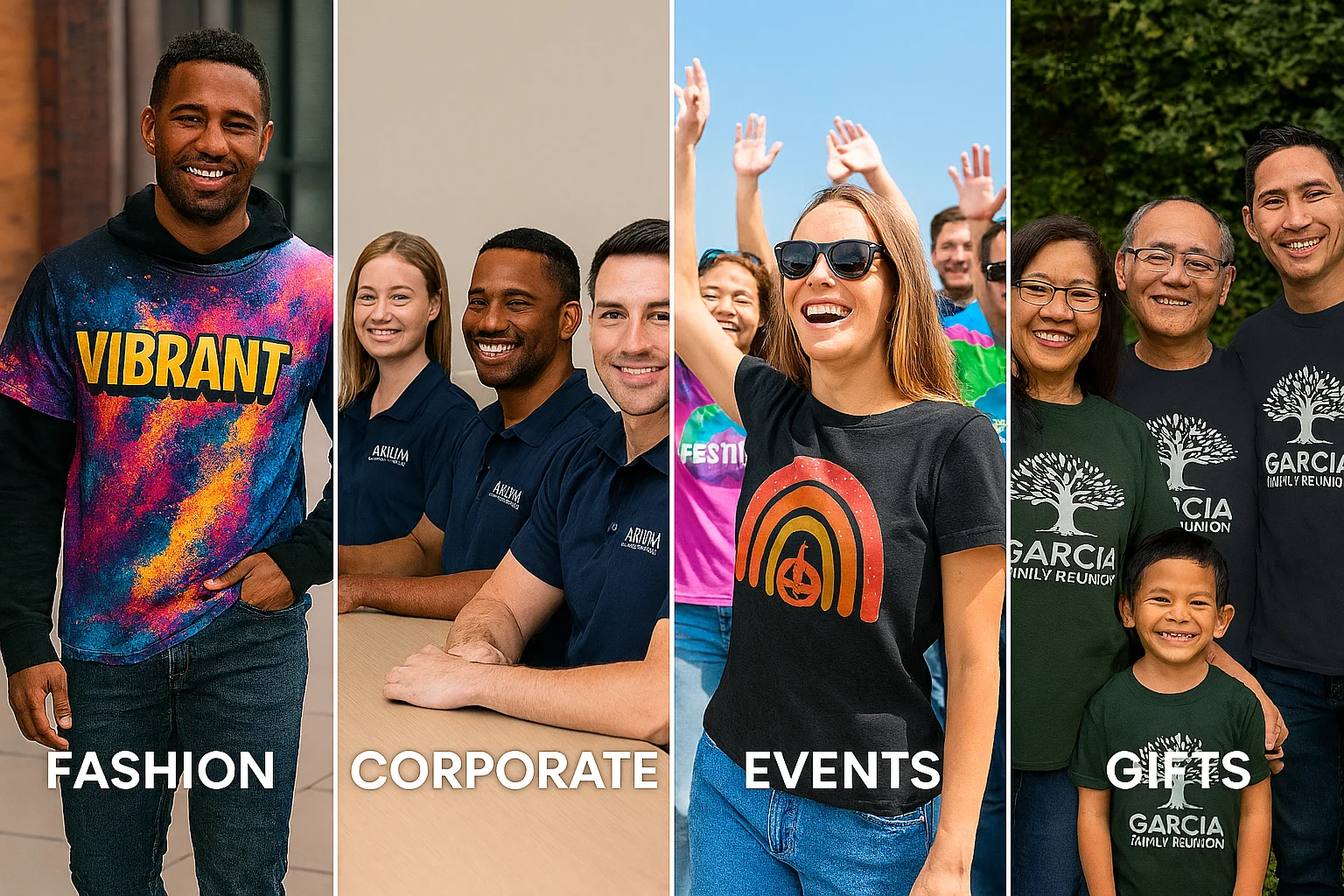 Four-panel collage showing DTF-printed shirts in different contexts: fashion model in streetwear, corporate team at a conference, festival crowd in custom merch, and family reunion in matching shirts.