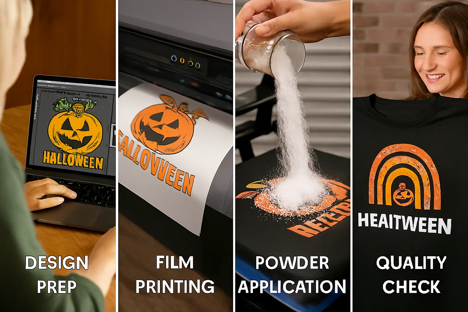 Five-panel collage showing the DTF printing workflow: design prep on a laptop, film printing from a large-format printer, powder application on printed film, heat press transfer onto fabric, and final quality check of the finished shirt.