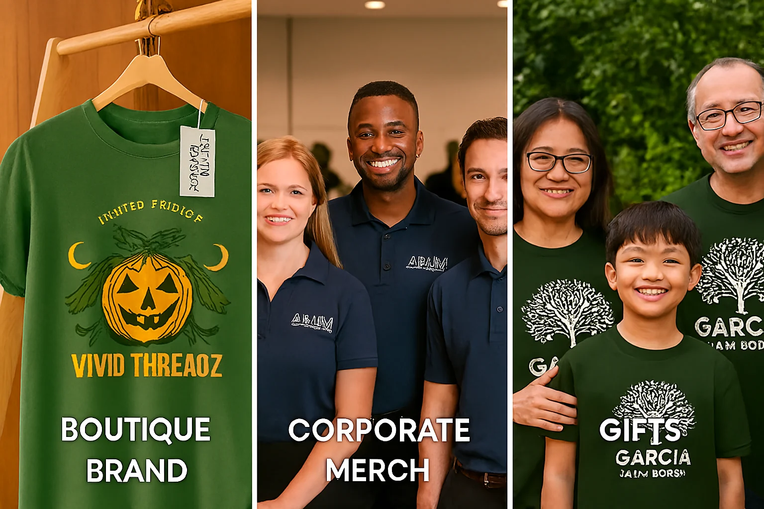 Three-panel collage showing DTF-printed shirts in different settings: a boutique brand’s limited edition product shot, a corporate team at a conference in branded polos, and a smiling family in matching reunion shirts.