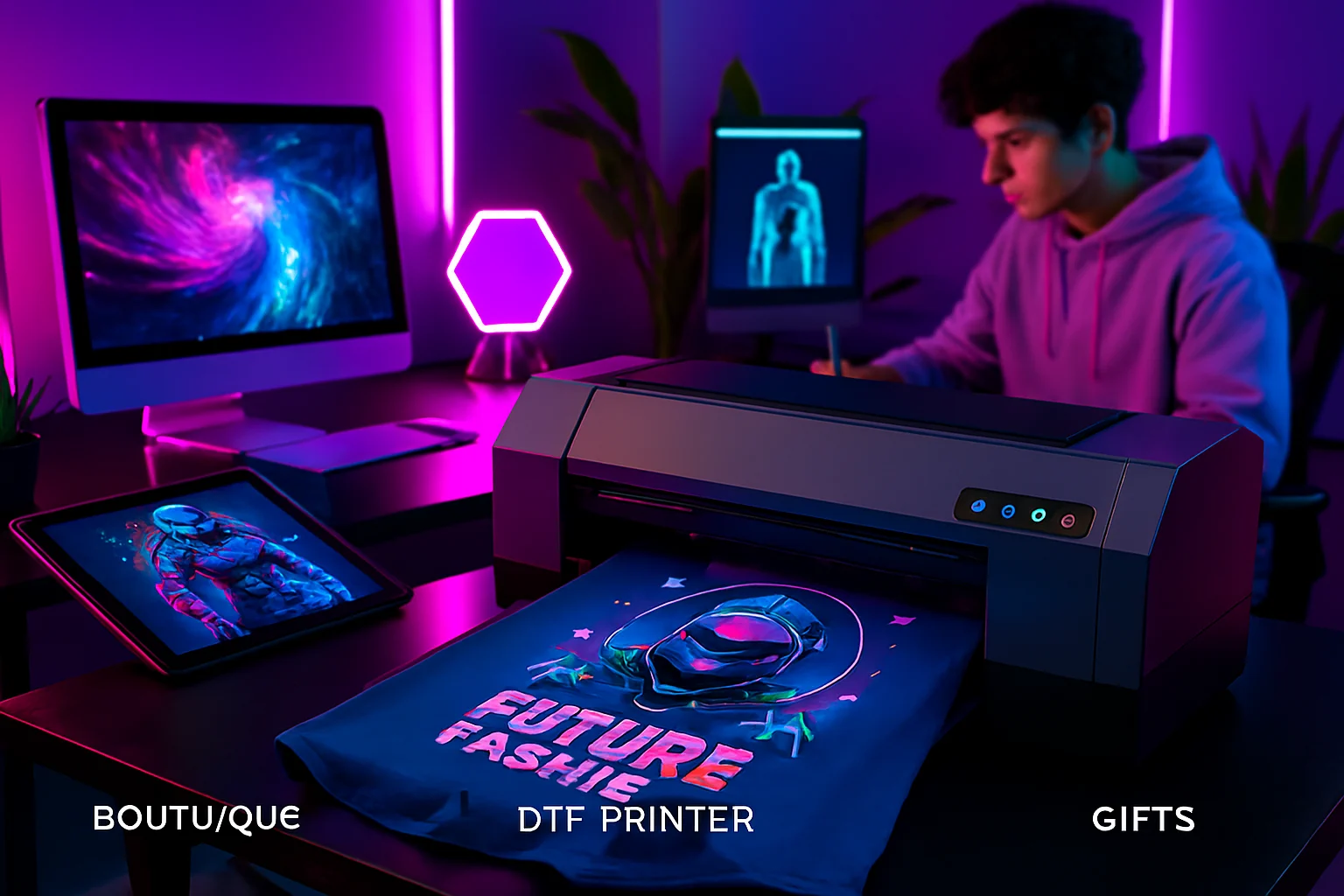 Futuristic workspace with glowing neon lights, a DTF printer printing a vibrant graphic on a t-shirt, and a designer sketching next-gen apparel on a digital tablet.