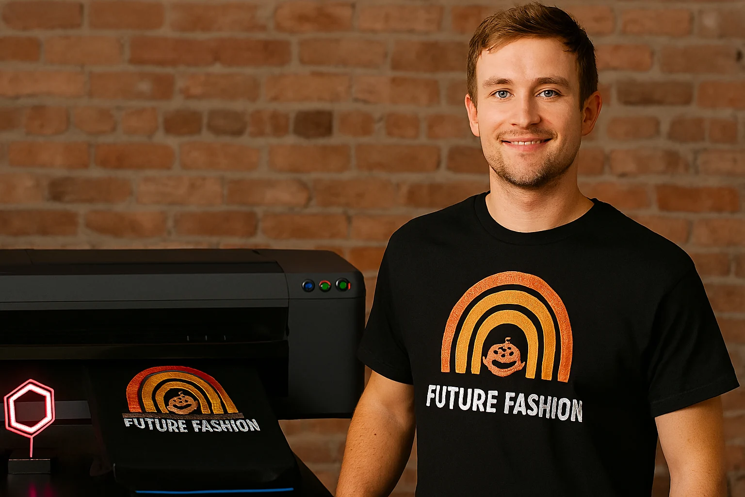 Caucasian man wearing a black DTF-printed t-shirt with a vibrant Halloween design, standing beside a DTF printer in a studio with a brick wall background and overlay text promoting the future of custom t-shirt printing in the UK.