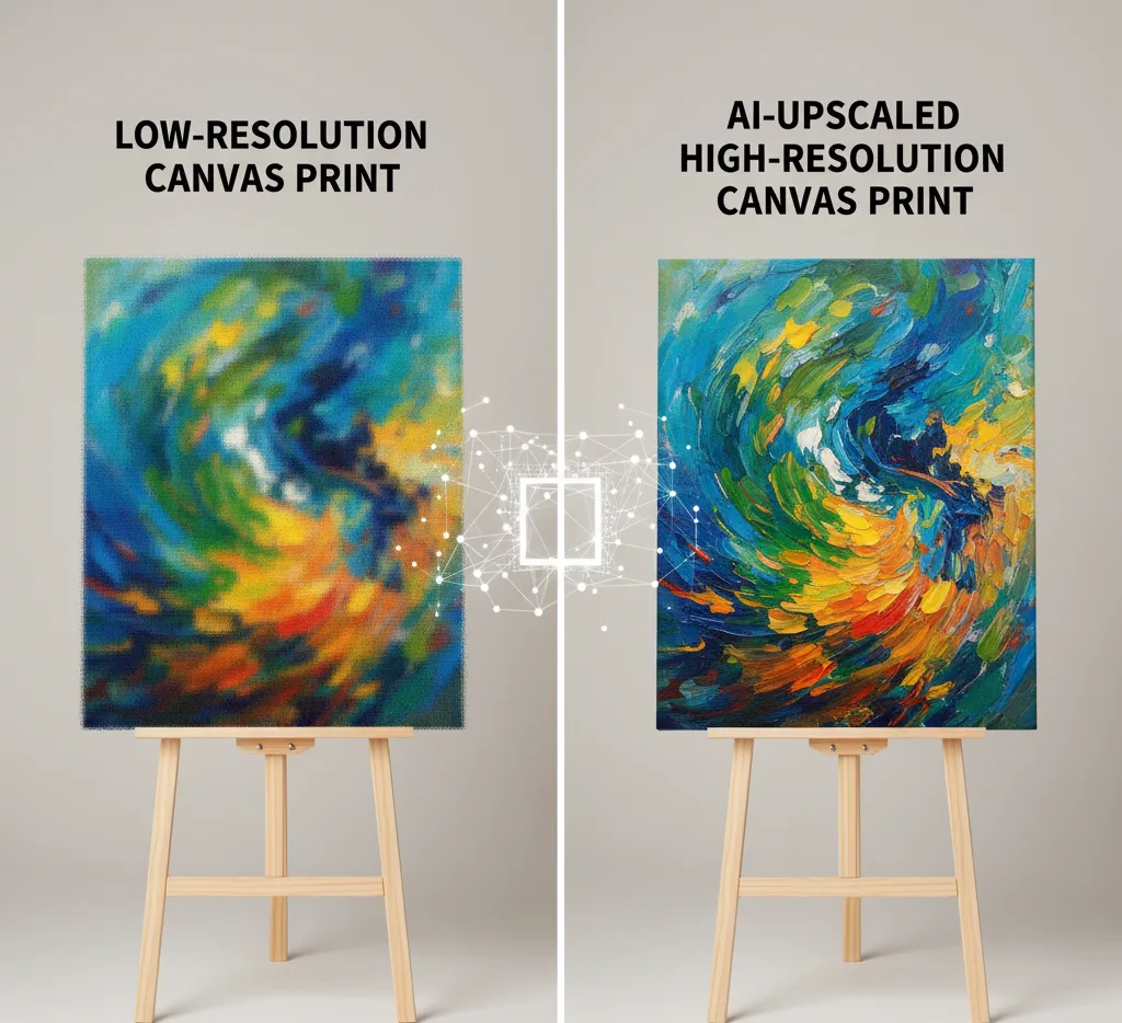 A side-by-side comparison of two canvas prints on wooden easels. On the left, a blurry, pixelated abstract painting with swirling blues, yellows, and reds. On the right, the same abstract painting is rendered in sharp, high-resolution, revealing clear brushstrokes and vibrant textures, illustrating the impact of AI upscaling.