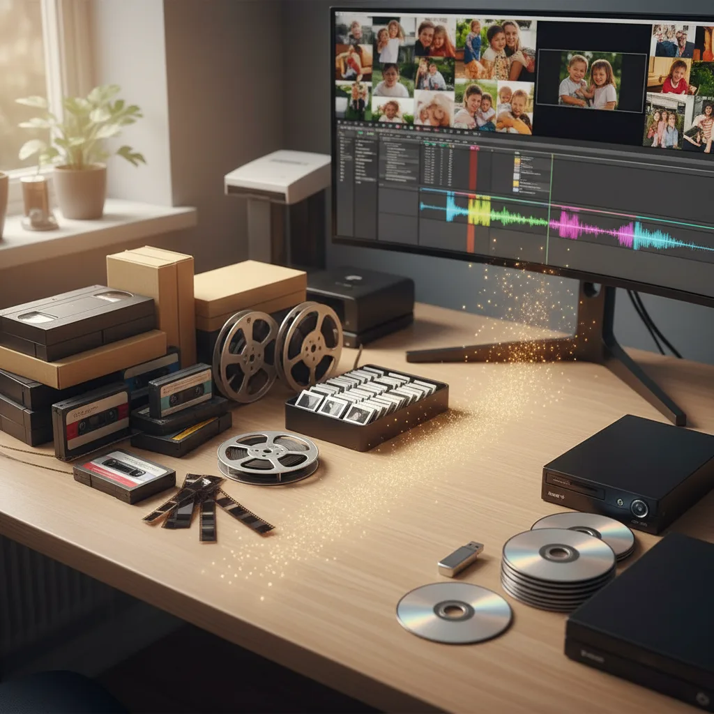 Diverse collection of obsolete media formats including VHS, Betamax, audio cassettes, 8mm film reels, and photo negatives, visually transitioning into modern digital storage like USB drives and external hard drives.