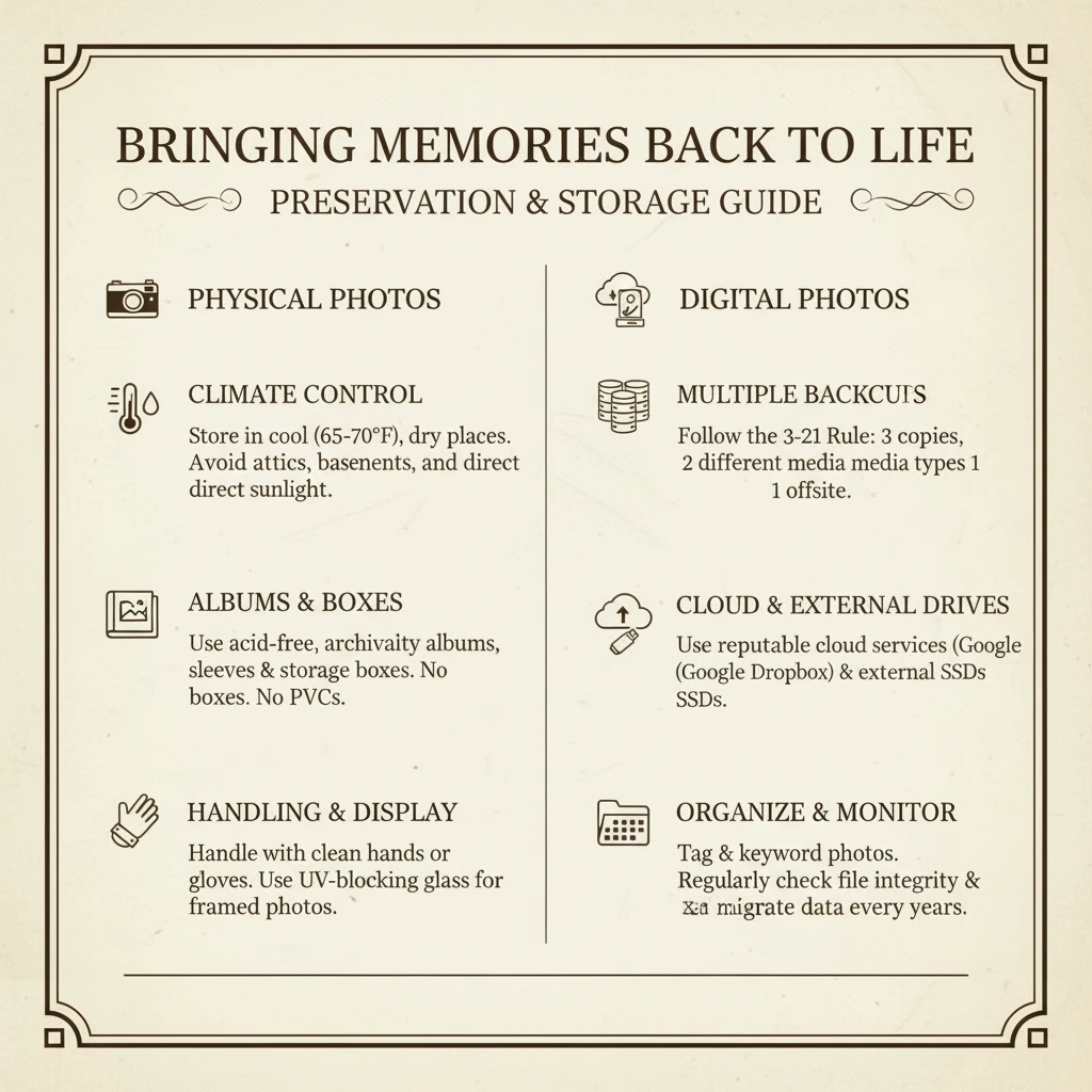 Infographic detailing proper preservation and storage methods for physical and digital photos, including temperature, humidity, and backup tips.