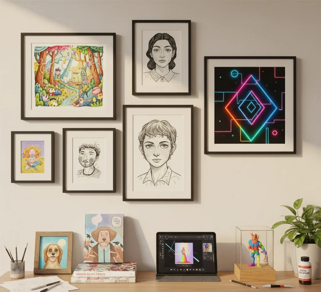 A curated display featuring custom commissioned art, including a framed illustration, a personalized watercolor painting, and a printed piece of digital art.