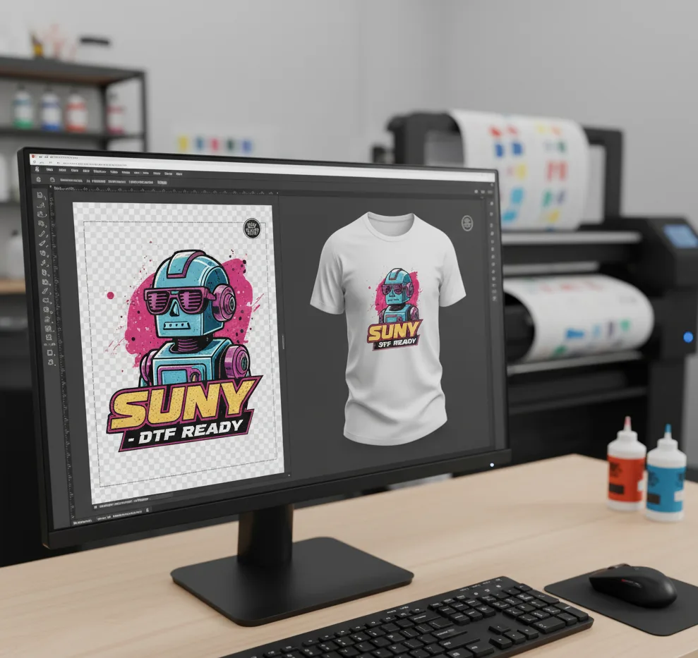 A computer screen displaying a t-shirt design mockup featuring a retro robot graphic for "SUNY - DTF READY," showing the design in a transparent background and mocked up on a white t-shirt, with a DTF printer visible in the background.