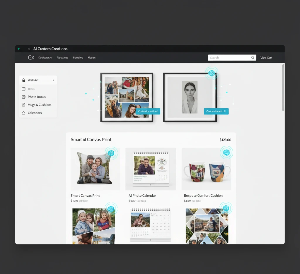  E-commerce website interface displaying high-quality mockups of personalized photo wall art, mugs, and cushions, generated by AI design tools, ready for customer purchase.