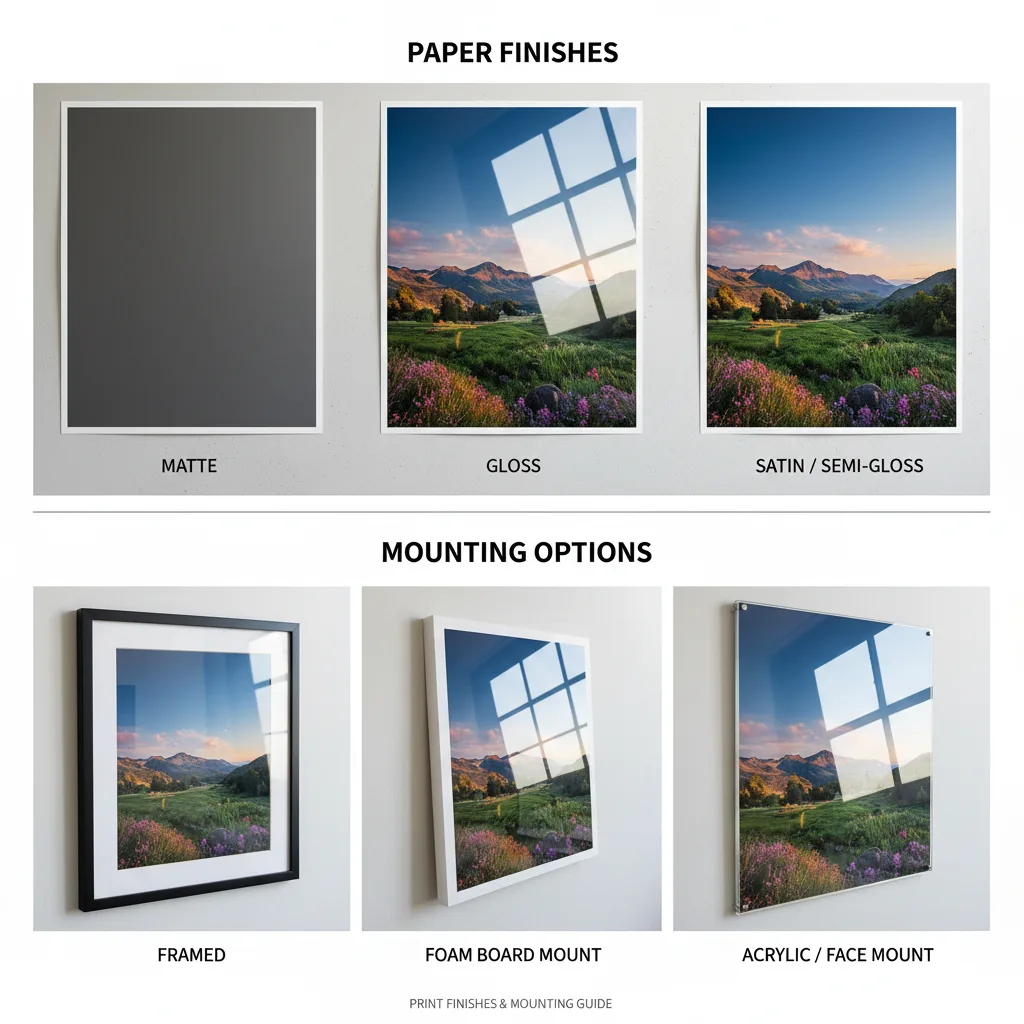 Side-by-side comparison of print media: a matte paper finish, a glossy paper finish, a vinyl banner material, and a print mounted on foam core board, highlighting texture differences.