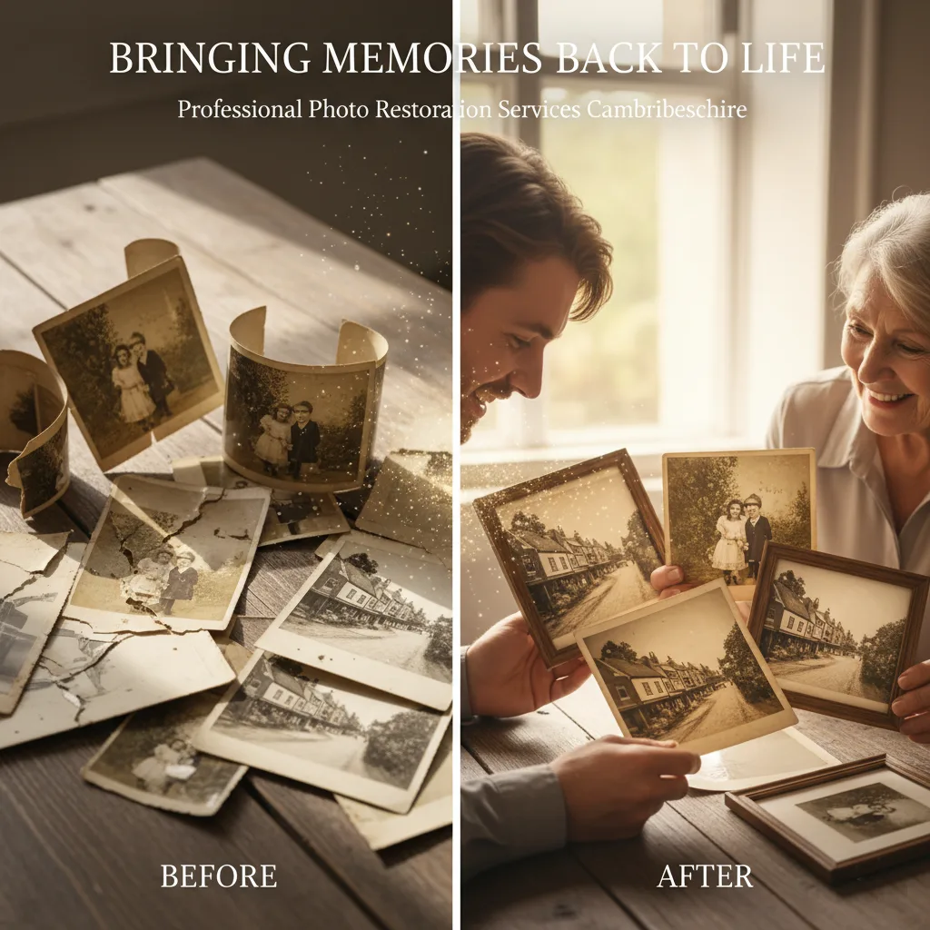 Before and after of damaged vintage photos restored by professional photo restoration services in Cambridgeshire.