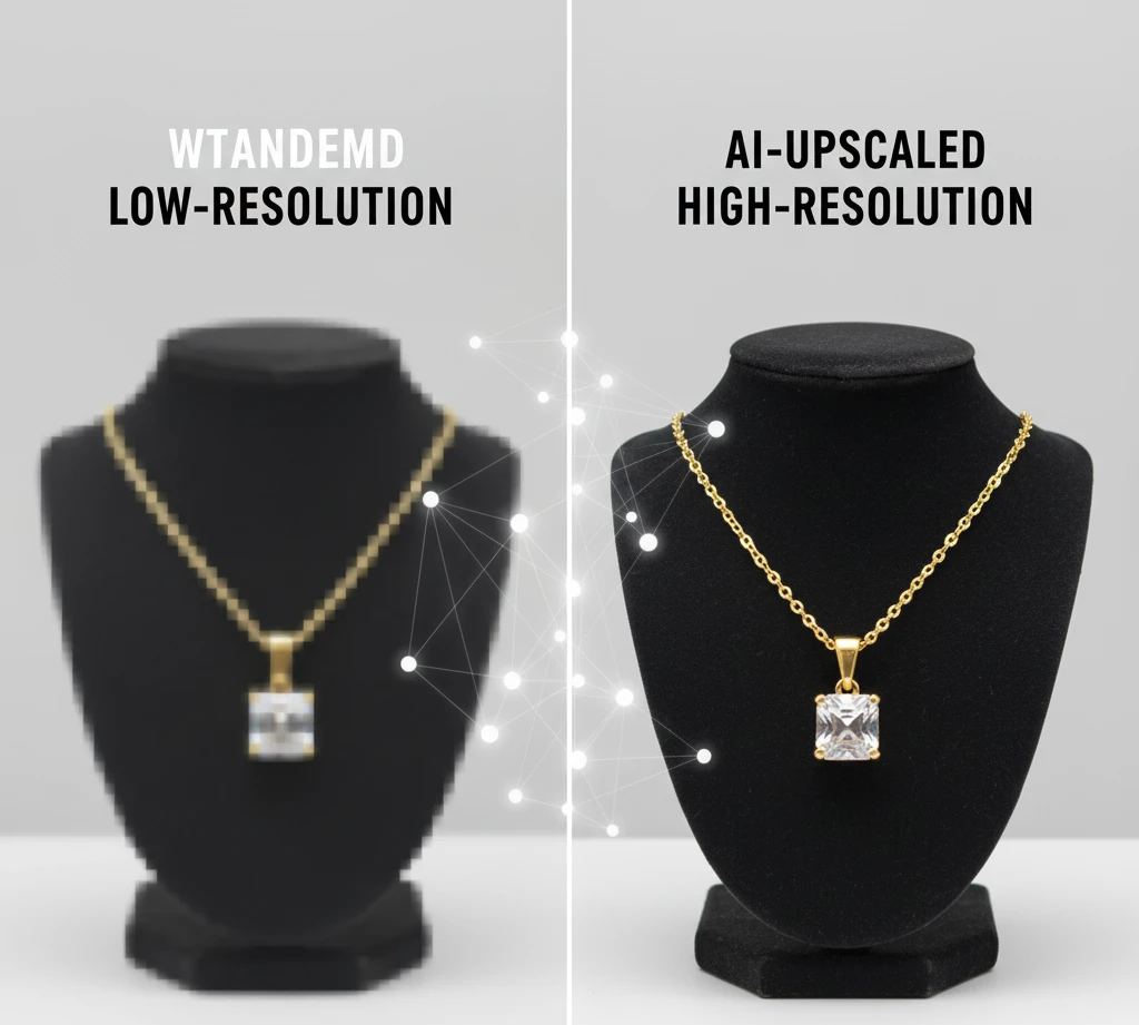 A side-by-side comparison of two necklace displays. On the left, a blurry, pixelated low-resolution image of a gold necklace with a square white pendant. On the right, the same necklace is displayed in crisp, clear, high-resolution, showcasing fine details. Connecting lines illustrate the upscaling process.