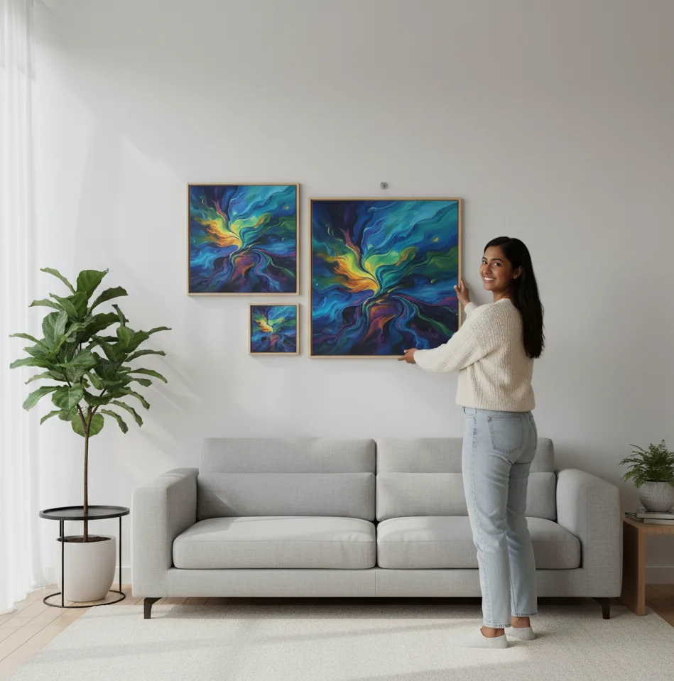 A warmly lit, contemporary living room where a smiling woman is carefully hanging a large, colorful SUNYGraphics canvas print on a light-colored wall above a neutral sofa.
