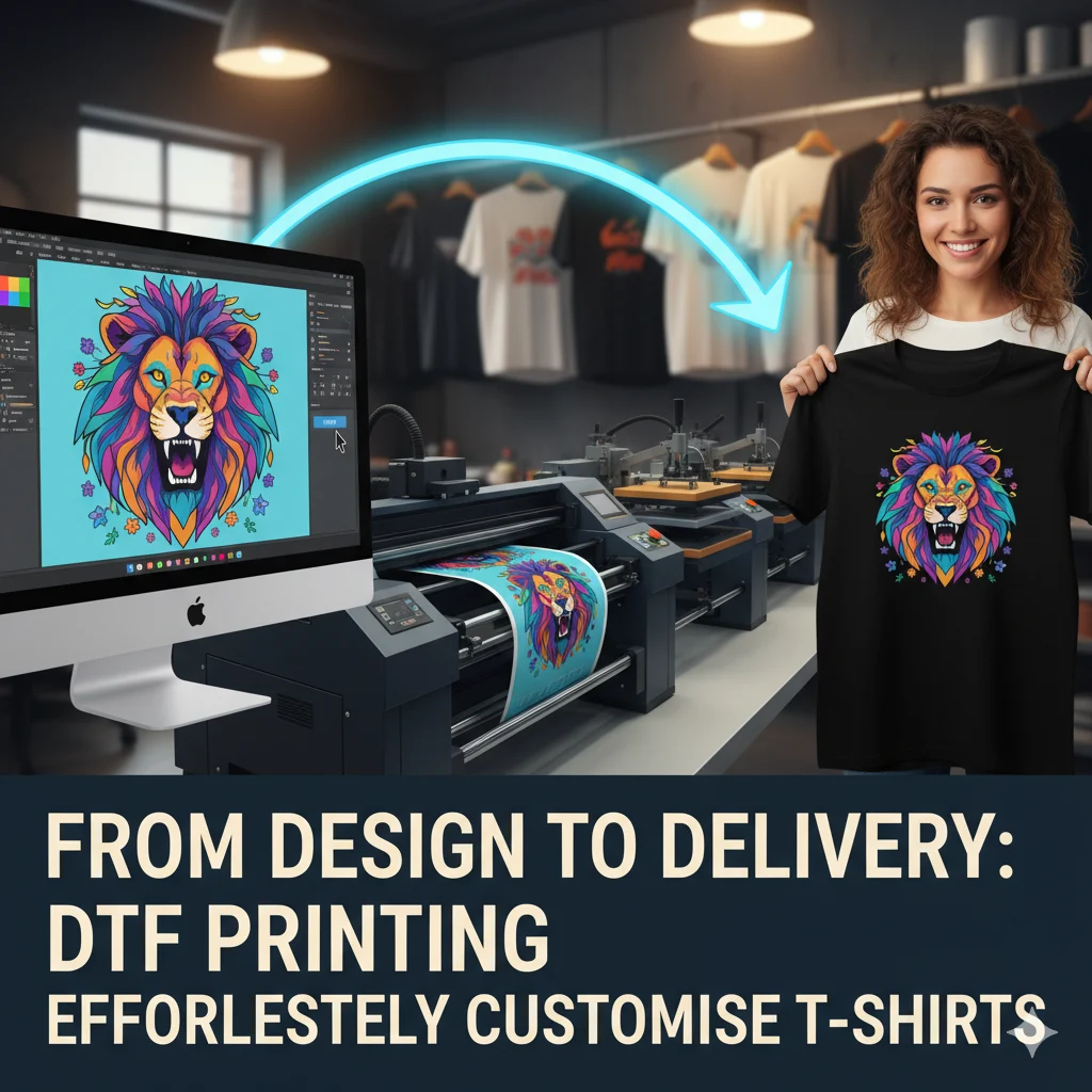 A stack of neatly folded black t-shirts, each featuring a colorful lion design, individually sealed in clear poly mailer bags and placed inside brown cardboard shipping boxes, ready for delivery.