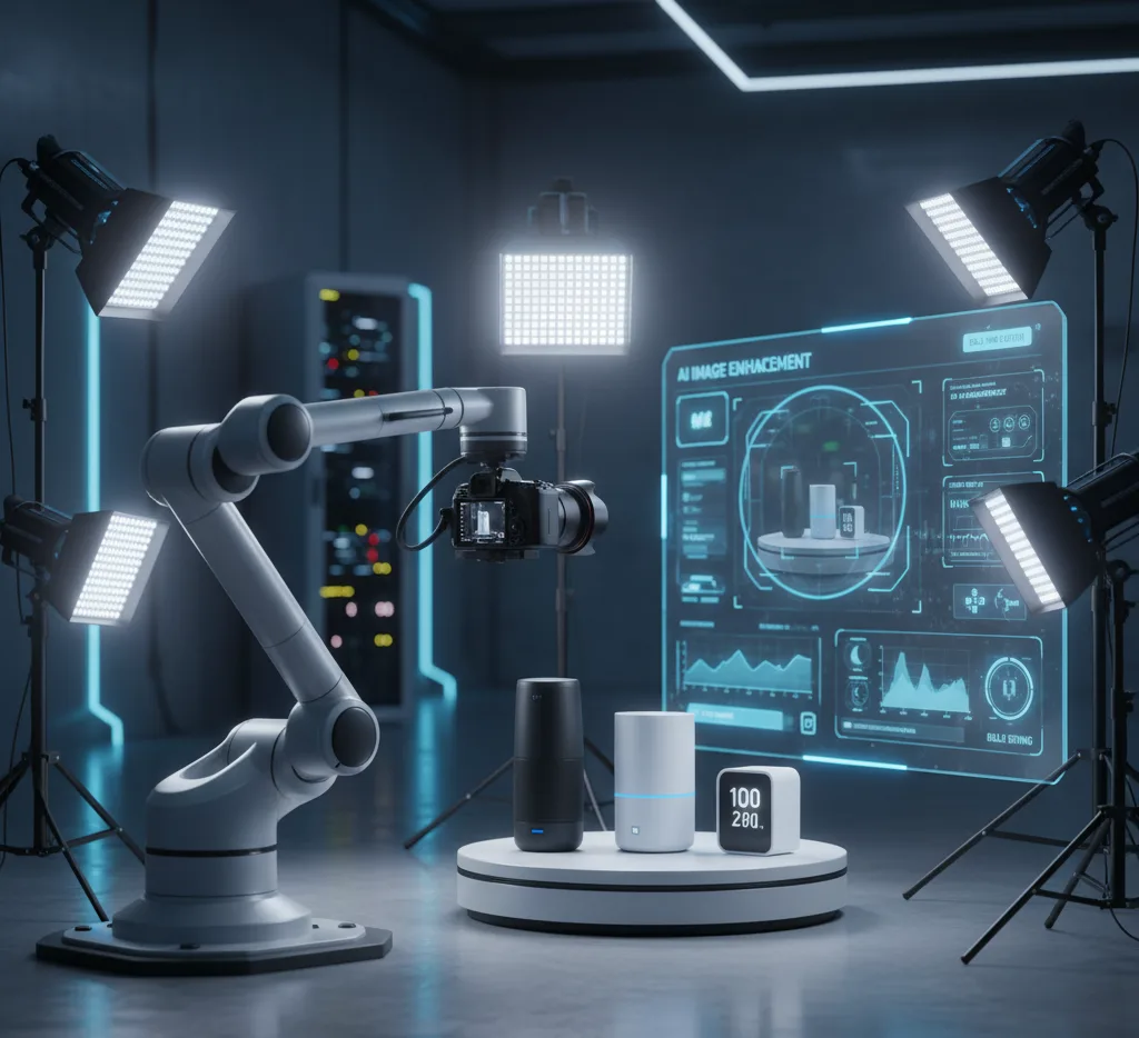 A modern product photography setup featuring a robotic arm with a camera, professional LED lights, smart speakers on a platform, and a screen displaying AI image enhancement with real-time adjustments.