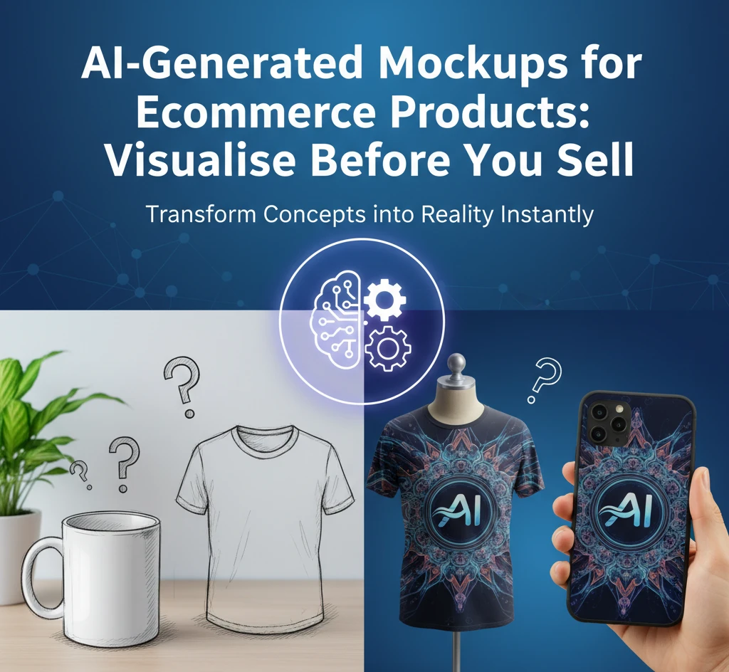 A split image showing a hand-drawn sketch of a mug and t-shirt on one side with question marks, contrasted with photorealistic AI-generated mockups of a patterned t-shirt on a mannequin and a smartphone with a custom case on the other side. An AI brain icon with a gear is featured at the top center.