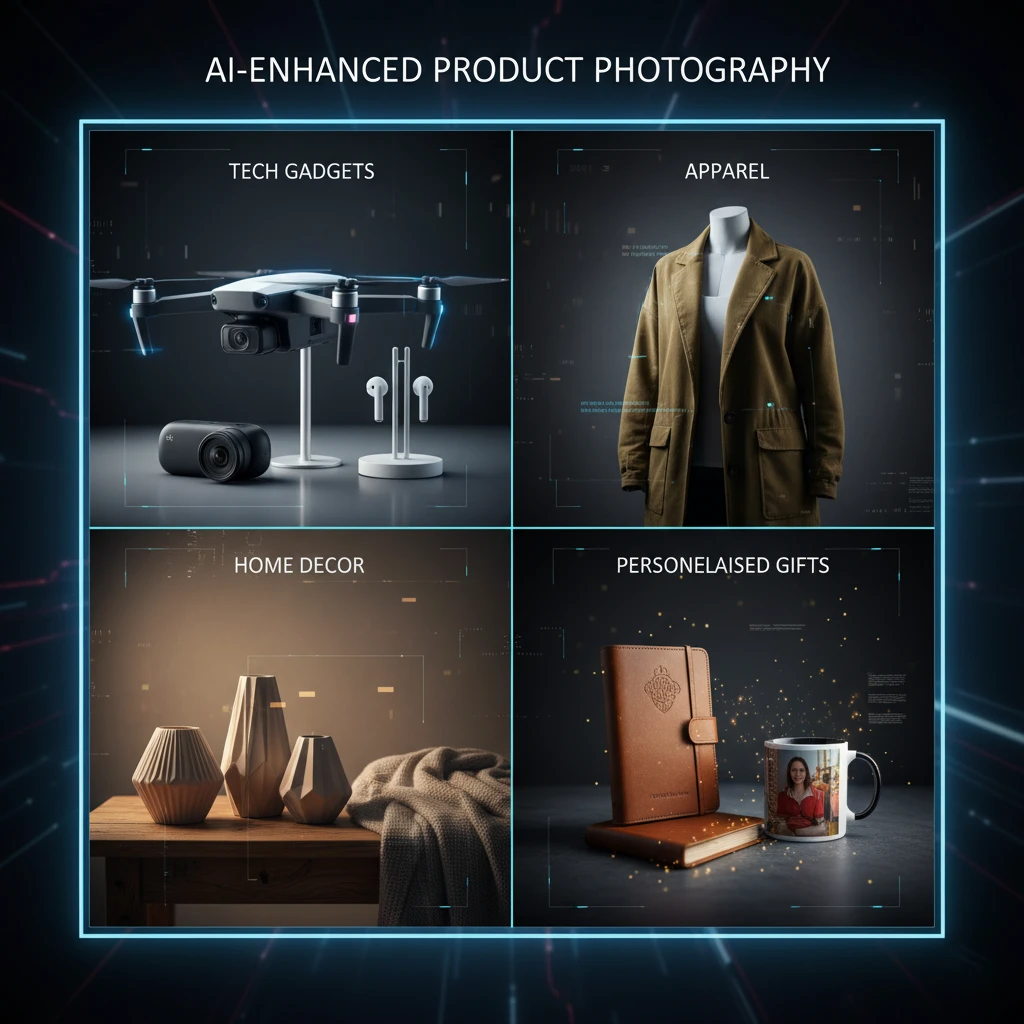 A four-panel collage showcasing AI-enhanced product photography for tech gadgets (drone, headphones), apparel (jacket on mannequin), home decor (vases, throw), and personalized gifts (journal, custom mug).